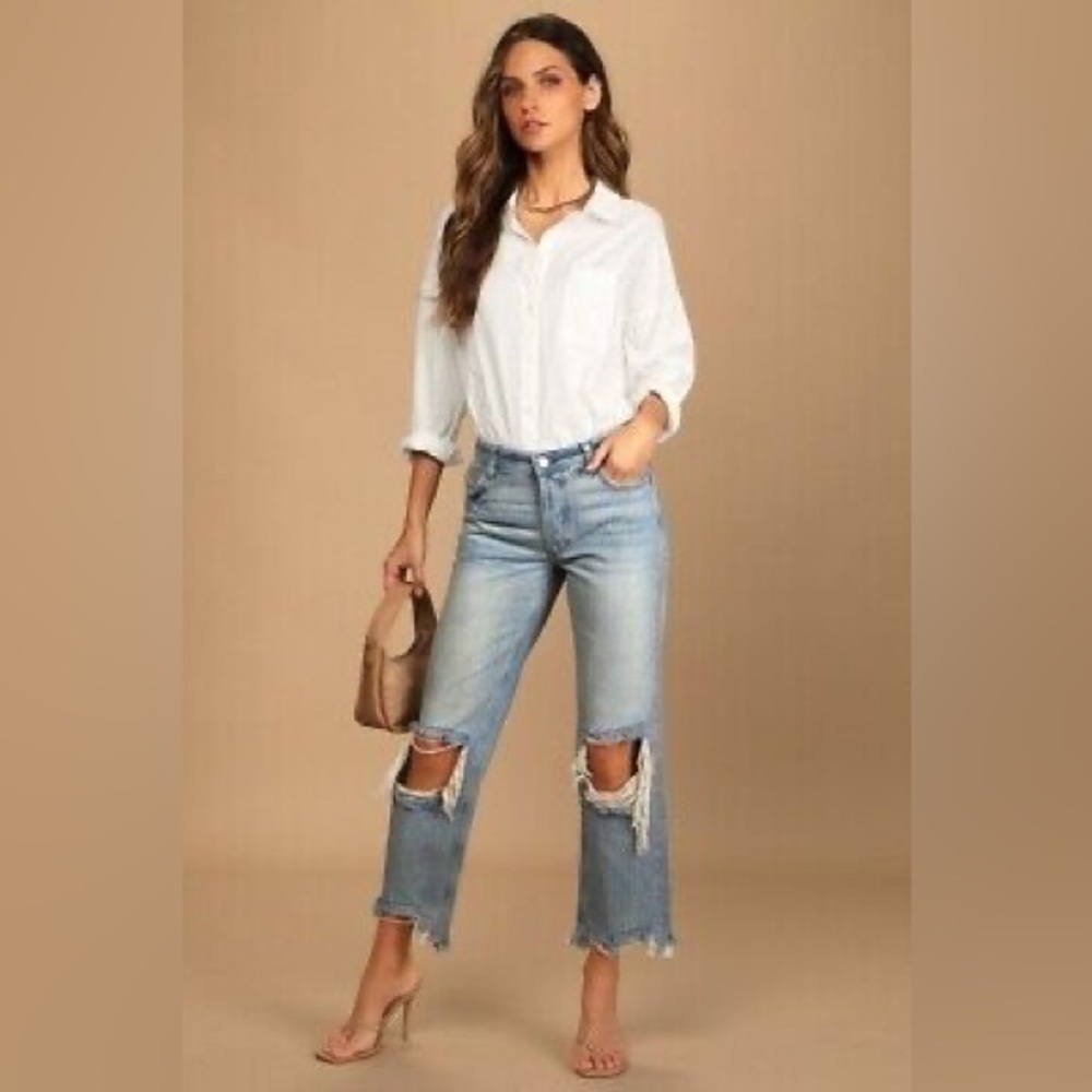 FREE PEOPLE We The Free Maggie Mid Rise Straight Leg Ripped Knee Jean Size 27 4